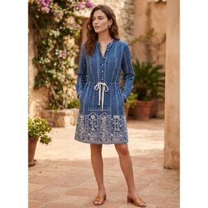 ANTHROPOLOGIE Meadow Rue Anila Shirtdress Blue White Batik Boho Cotton Pockets S